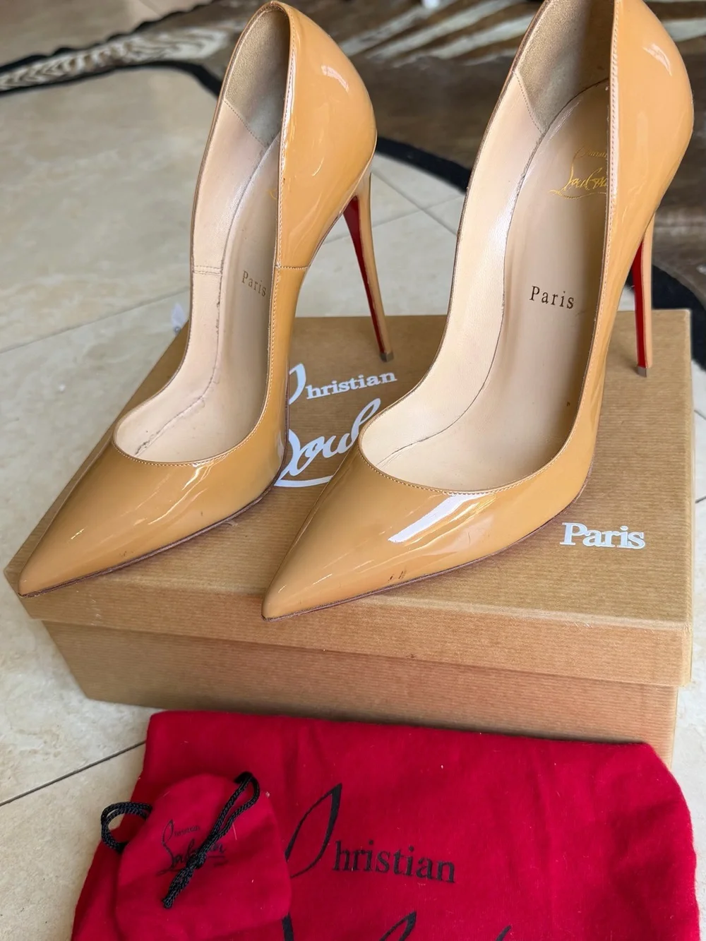 Christian Louboutin Beige Patent Leather Stiletto Pumps with Red Soles